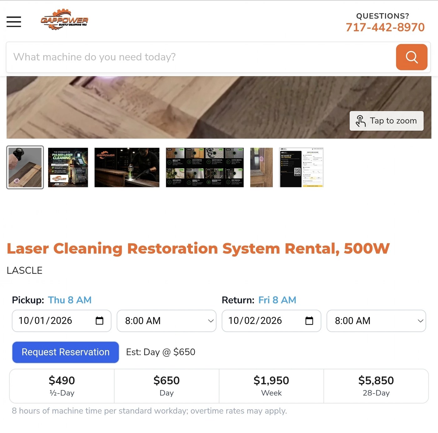 Gap Power online listing for the ALR 500-watt laser cleaning restoration system rental